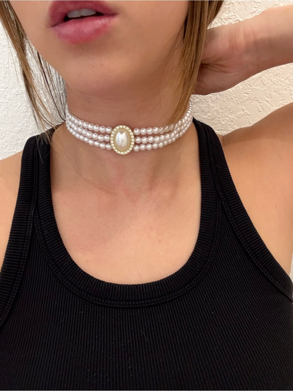 Zara White Pearl Triple-Strand Choker with Gold Cameo Center